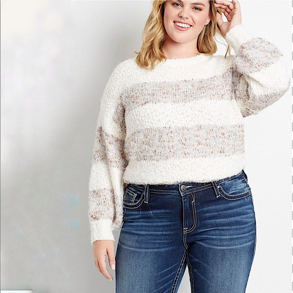 Plus 3X Stripe Cozy Lantern Sleeve Pullover - Picture 2 of 12